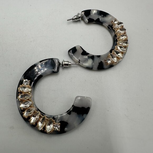 3/$30 Black White Marble Acrylic Hoop Earrings Rhinestone Pierced Statement - Picture 1 of 12